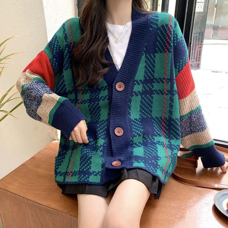 Damen Grobstrick-Cardigan mit buntem Karomuster und großen Holzknöpfen EB