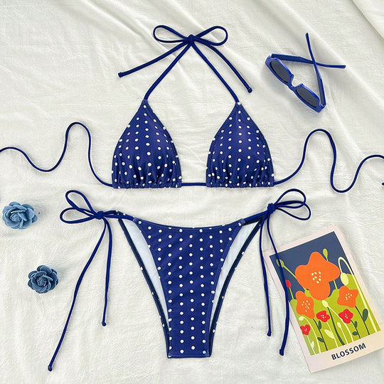 Damen Triangel-Bikini mit modischem Punkten-Design und verstellbaren Bindebändern EB