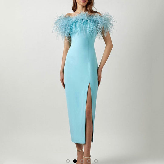 Damen Abendkleid mit federverziertem Oberteil und schlankem Schnitt EB