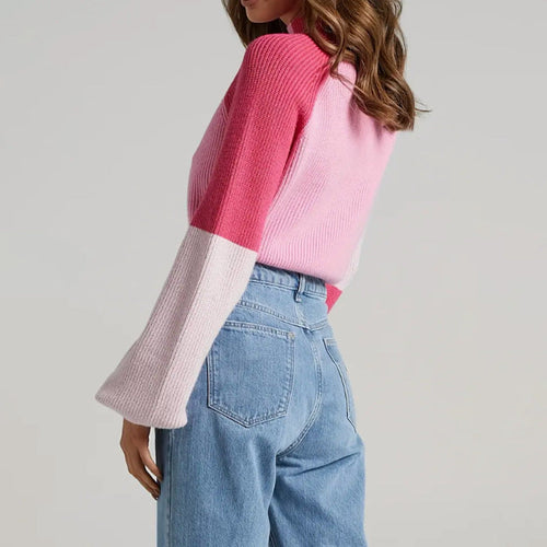 EB | Pullover Sweatshirt Übergröße Fit Gerippter Strick Mock Neck Glockenärmel