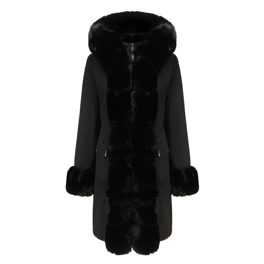 Damen elegante Parkajacke mit luxuriösem Kunstfellbesatz EB
