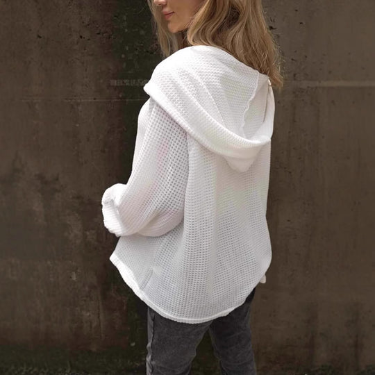 Damen lässiger Kapuzenpullover mit strukturiertem Design und Knopfdetails EB