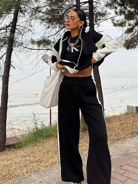 Damen Mehrteiliges Loungewear-Set mit Reißverschlussjacke und weiter Palazzohose EB