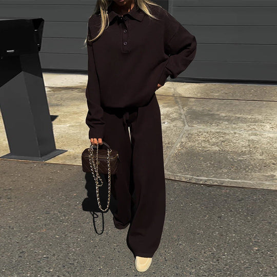 Damen Loungewear-Kombination mit lockerem Poloshirt und weitem Hosen EB