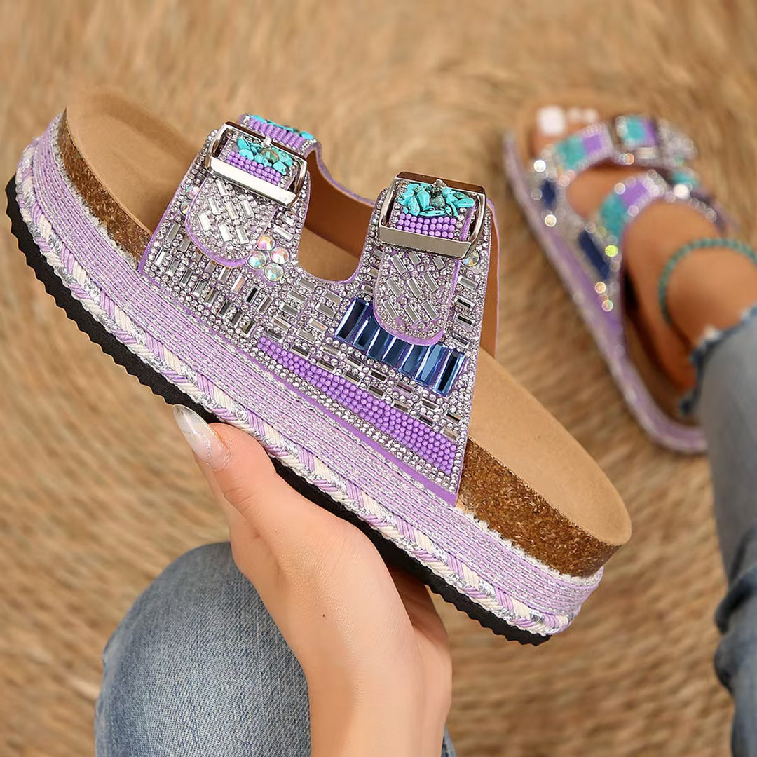 Damen Bequeme Riemensandalen mit Funkelnden Akzenten und Verstellbaren Riemen EB