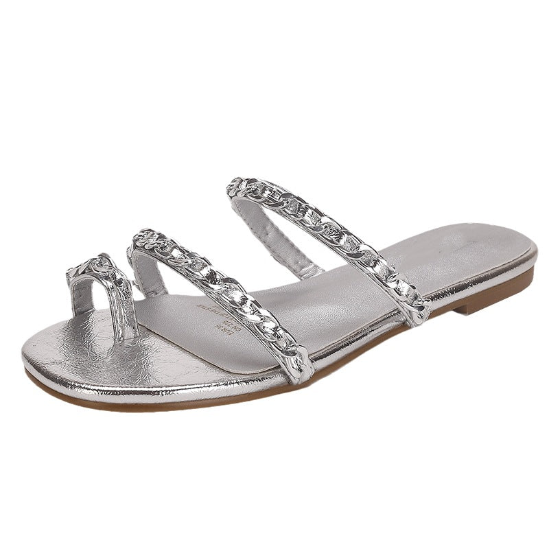 Damen elegante Zehentrenner-Sandalen mit modischen Gliederketten-Details EB