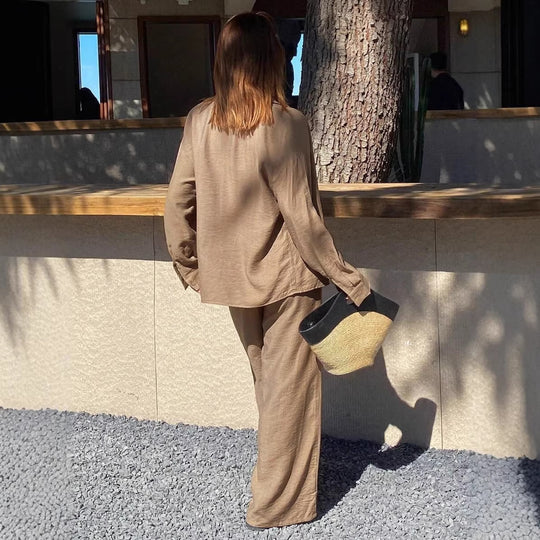 Damen nan entspanntes Leinen Lounge Set mit Oversize Hemd und Kordelbund Palazzohose EB