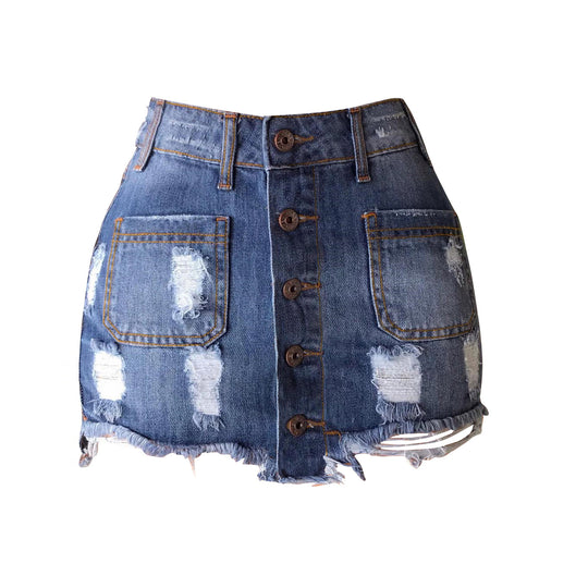 Damen Jeansrock mit Knopfverschluss und coolen Destroyed-Details EB