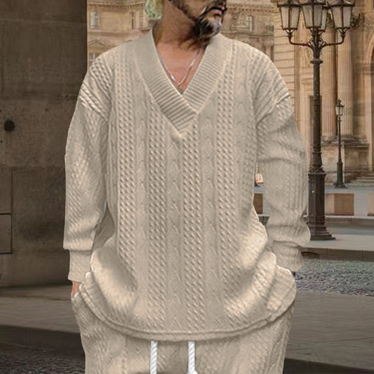 Herren nan grob gestrickter V-Ausschnitt-Pullover mit Zopfmuster und relaxed Fit EB