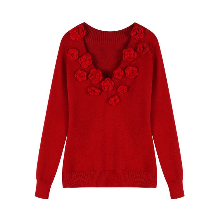 EB | Strickbluse mit Blumen-details V-ausschnitt und Feminine Passform Elegant und Sophisticated