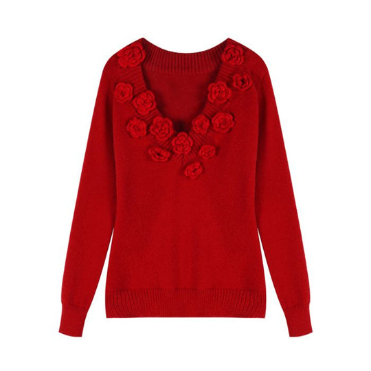 EB | Strickbluse mit Blumen-details V-ausschnitt und Feminine Passform Elegant und Sophisticated