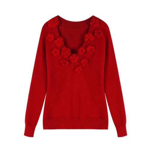 EB | Strickbluse mit Blumen-details V-ausschnitt und Feminine Passform Elegant und Sophisticated