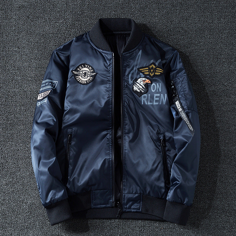 Men's  patch-detail glossy flight bomber with ribbed trims EB