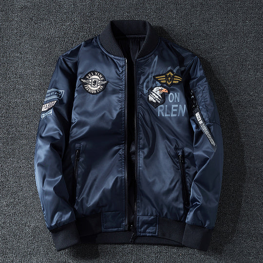 Men's  patch-detail glossy flight bomber with ribbed trims EB