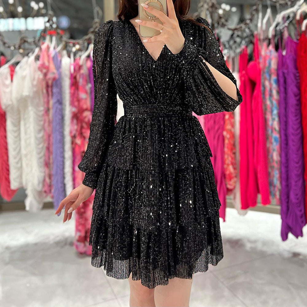 Damen festliches Mini-Kleid mit funkelnden Pailletten und voluminösen Ärmeln EB