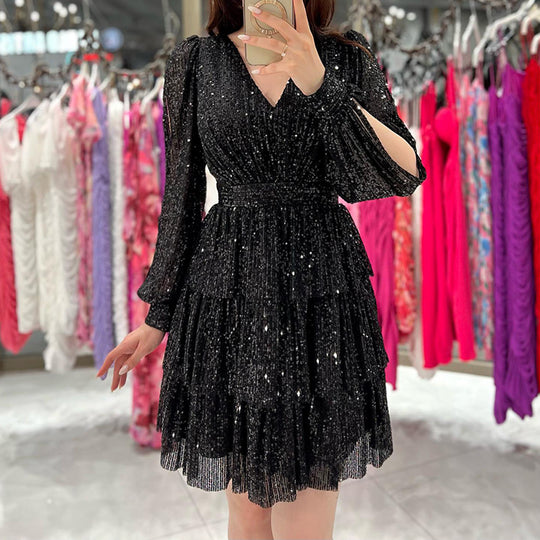 Damen festliches Mini-Kleid mit funkelnden Pailletten und voluminösen Ärmeln EB
