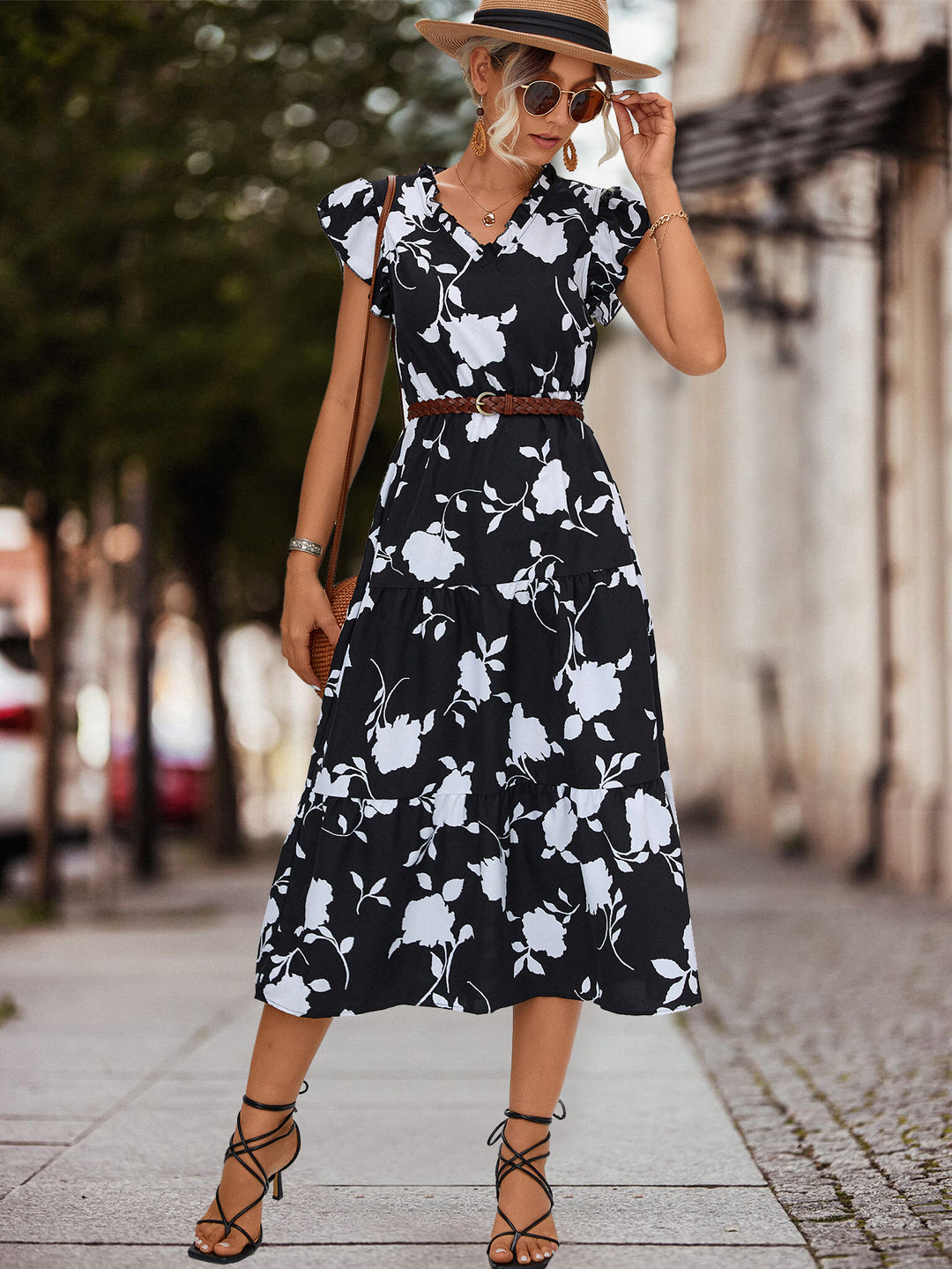 Damen Midi-Kleid mit floralen Rüschendetails und elastischem Taillengürtel EB