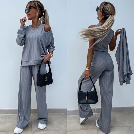 Damen nan elegantes Rippstrick-Zweiteiler Lounge-Set mit einseitigem Schulterfreischnitt und weitem Palazzo-Hosenbein EB