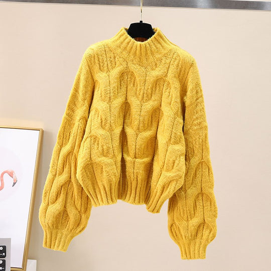 Damen kuscheliger Strickpullover mit voluminösen Ärmeln und Zopfmuster EB