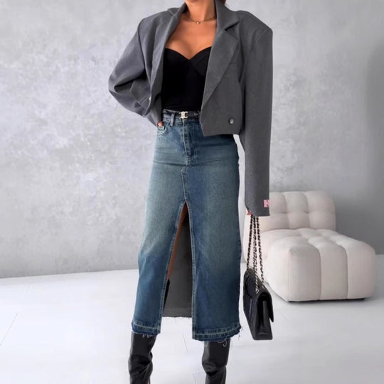 Damen Jeansrock mit hohem Schlitz im modernen Used-Look EB