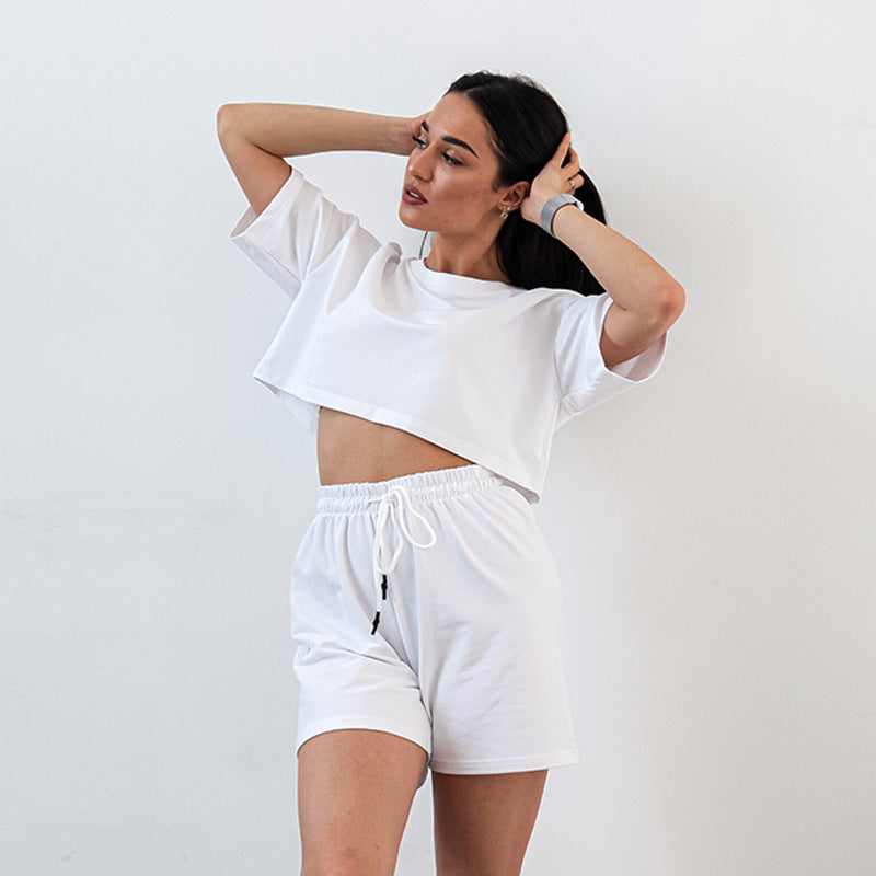 Damen Zweiteiliges Cropped-Lounge-Set aus Baumwolljersey mit elastischer Kordelzug-Shorts EB