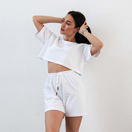 Damen Zweiteiliges Cropped-Lounge-Set aus Baumwolljersey mit elastischer Kordelzug-Shorts EB