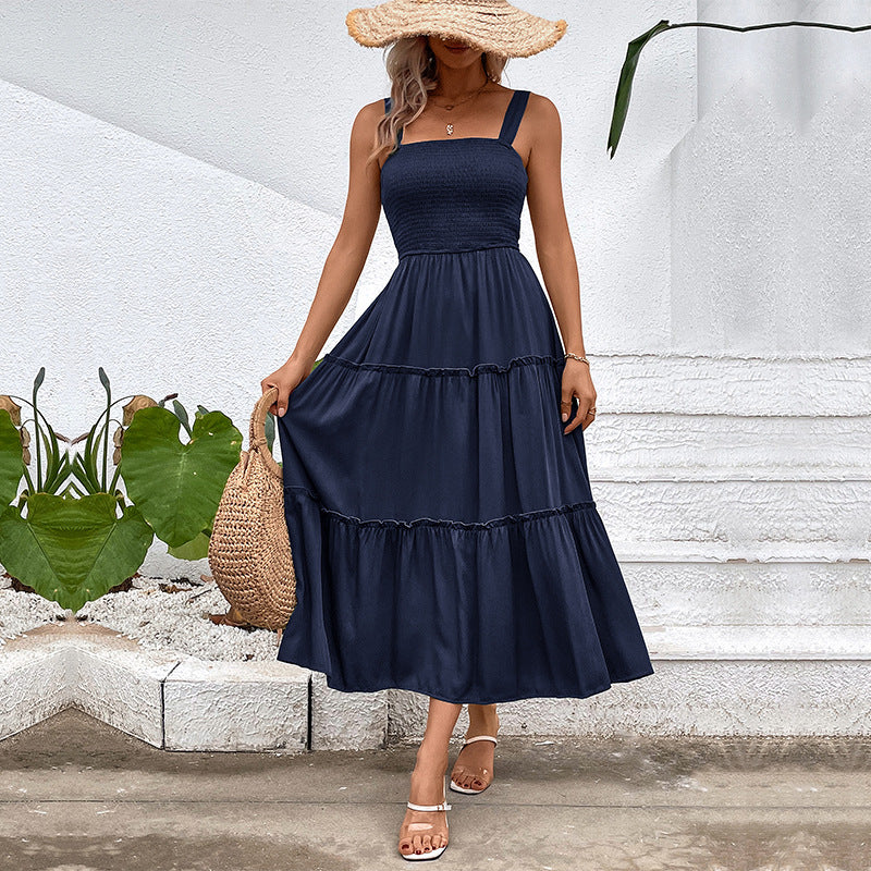 Damen Midikleid mit elastischem Oberteil und fließendem Rock EB