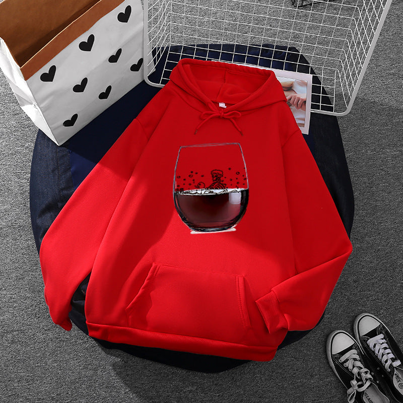 Damen nan lässiger Kapuzenhoodie mit fotorealistischer Weinglas‑Grafik, Kängurutasche und weichem Fleece EB