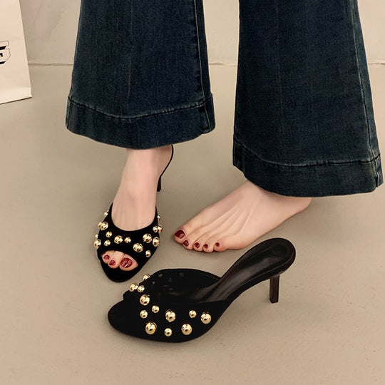 Damen Offene Mules mit glänzenden Perlenverzierungen und elegantem Absatz EB