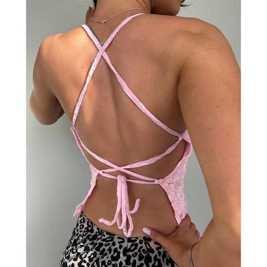 Damen Spitzen-Crop-Top mit verstellbaren Spaghetti-Trägern und floralem Muster EB