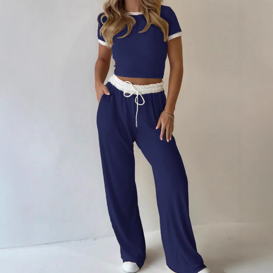 Damen lässiges zwei-teiliges Freizeit-Set mit cropped T-Shirt und weiten Hose EB
