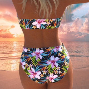 Damen Bandeau-Bikini-Set mit hochgeschnittenem Höschen und tropischem Blütenmuster EB