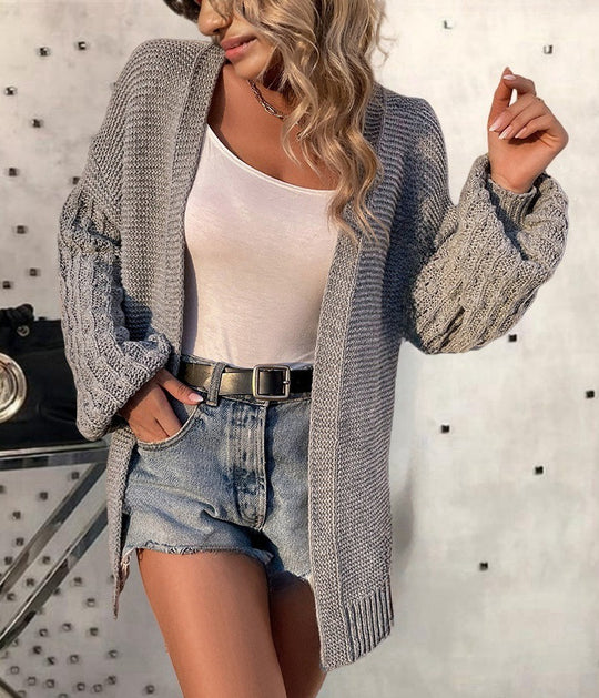 Damen modischer Strickcardigan mit voluminösen Ärmeln und offenem Schnitt EB
