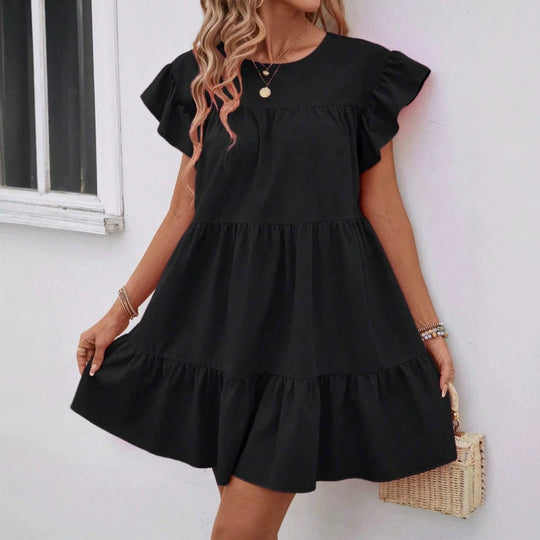 Damen luftiges Minikleid mit voluminösem Volant und lässigem Schnitt EB