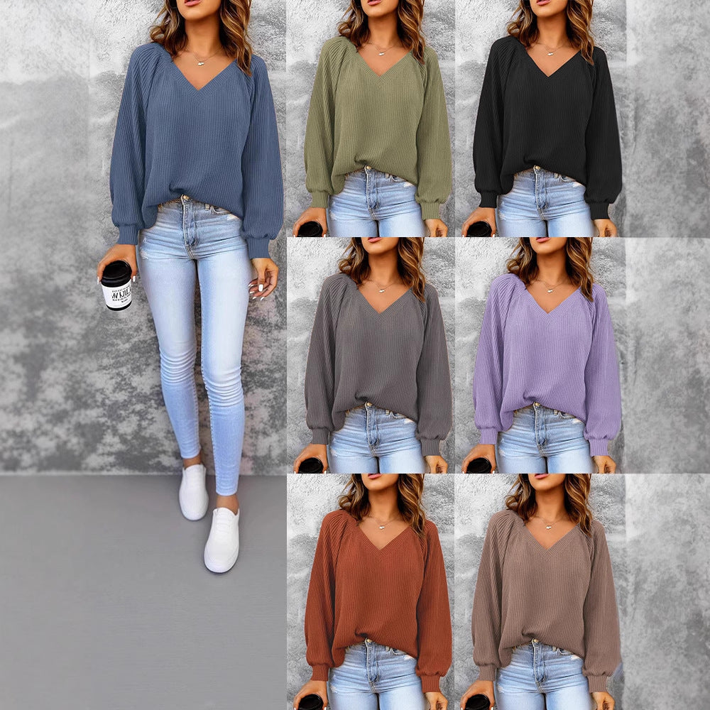 Damen Feinstruktur-Strickpullover mit V-Ausschnitt, Ballonärmeln und Rippbündchen EB
