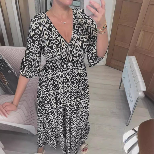 Damen Maxikleid mit schmeichelndem V-Ausschnitt und voluminösen Ärmeln EB