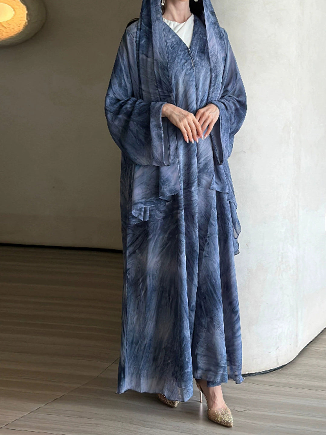 Damen nan langes fließendes Kapuzenkaftan Kleid mit weitem Arm und mehrlagigem Chiffon EB