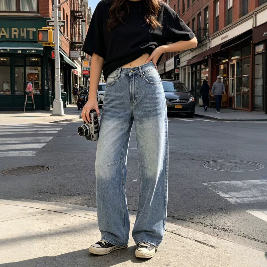 Damen nan hochgeschnittene weite Jeans mit geradem Bein, Knieabnähern und klassischem Five‑Pocket‑Schnitt EB