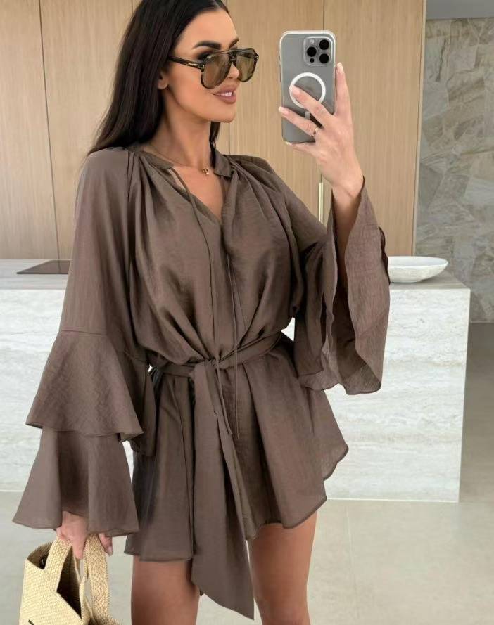 Damen lässiges Kaftan-Kleid mit voluminösen Ärmeln und Taillengürtel EB