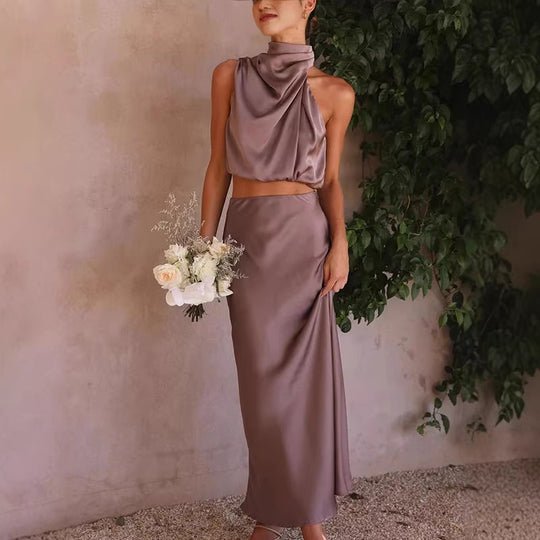 Damen elegante Zweiteiler mit ärmellosem Oberteil und schwingendem Rock EB