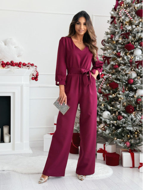 Damen Eleganter Jumpsuit mit taillierbarem Gürtel und V-Ausschnitt EB