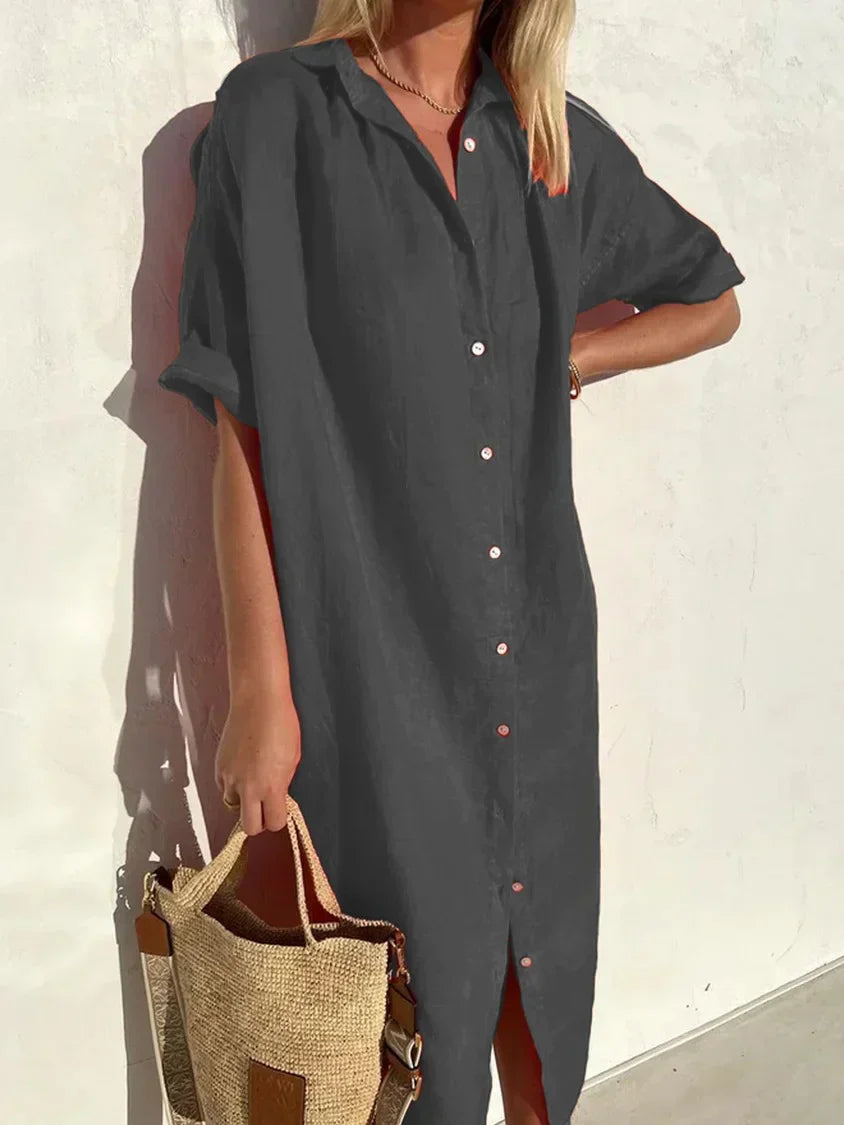 EB | Knopfkleid mit weitem Ausschnitt und schmalen Ärmeln, elegant und locker, für Frauen – aus Baumwolle