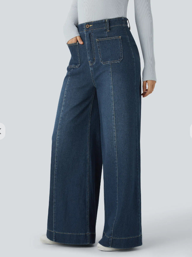 Damen Weitgeschnittene Denim-Hose mit hohen Bund und großen Taschen EB