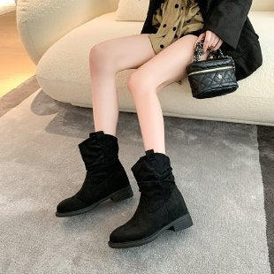 Damen Bequeme Stiefeletten mit weichem Veloursleder und modischem Falten-Design EB