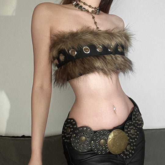 Damen Modisches Kunstpelz-Bustier mit dekorativen Details EB