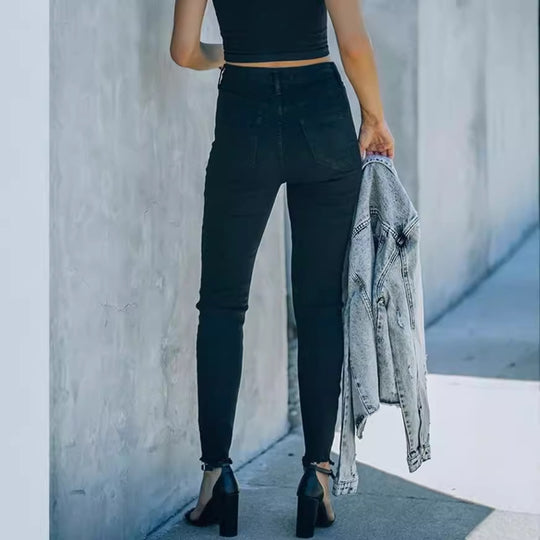 Damen Hochtaillierte Skinny Jeans mit knöpfbarem Bund und figurbetontem Schnitt EB