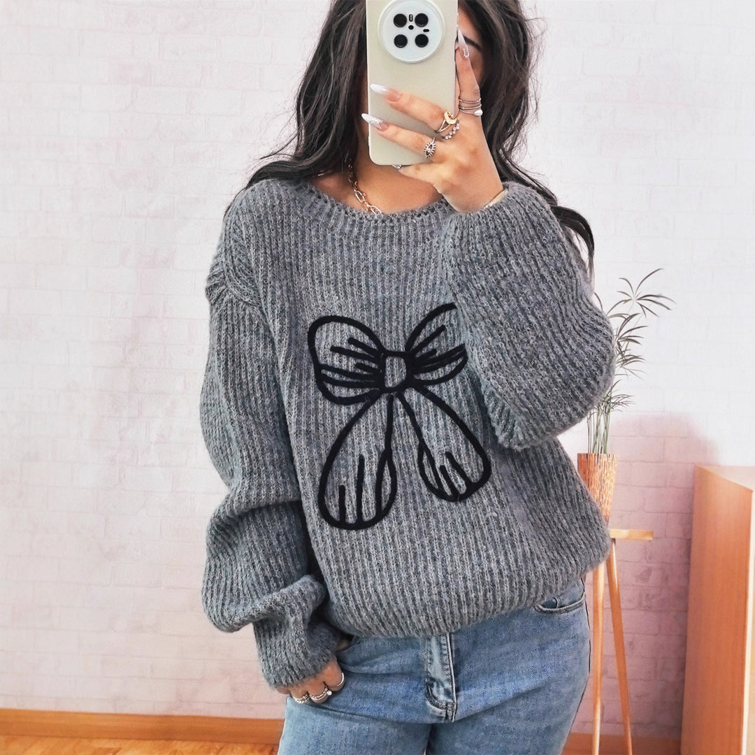 Damen Grobstrickpullover mit verspieltem Schleifenmotiv EB