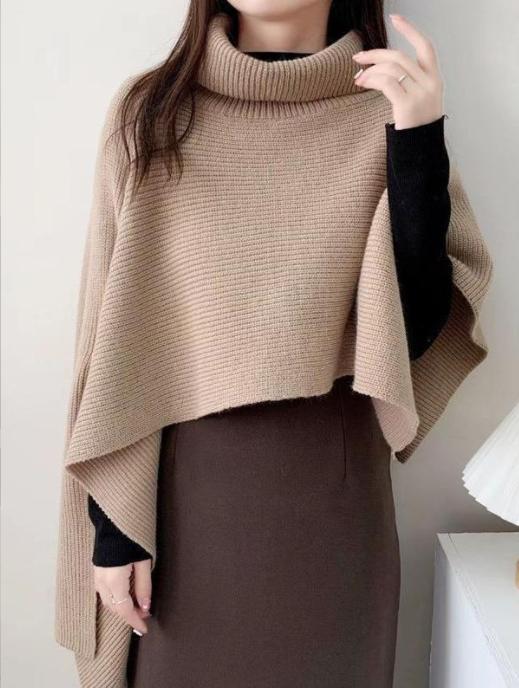 Damen Strickponcho mit hohem Kragen und asymmetrischem Schnitt EB