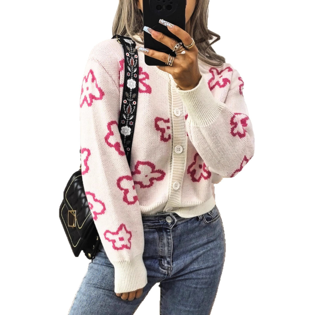 Damen gemütliche Strickjacke mit floralem Muster und Knopfverschluss EB