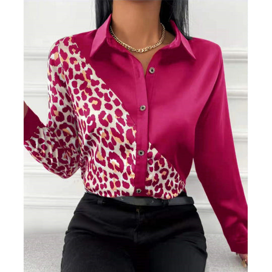 Damen Satinbluse mit asymmetrischem Leo-Design und glamouröser Knopfleiste EB